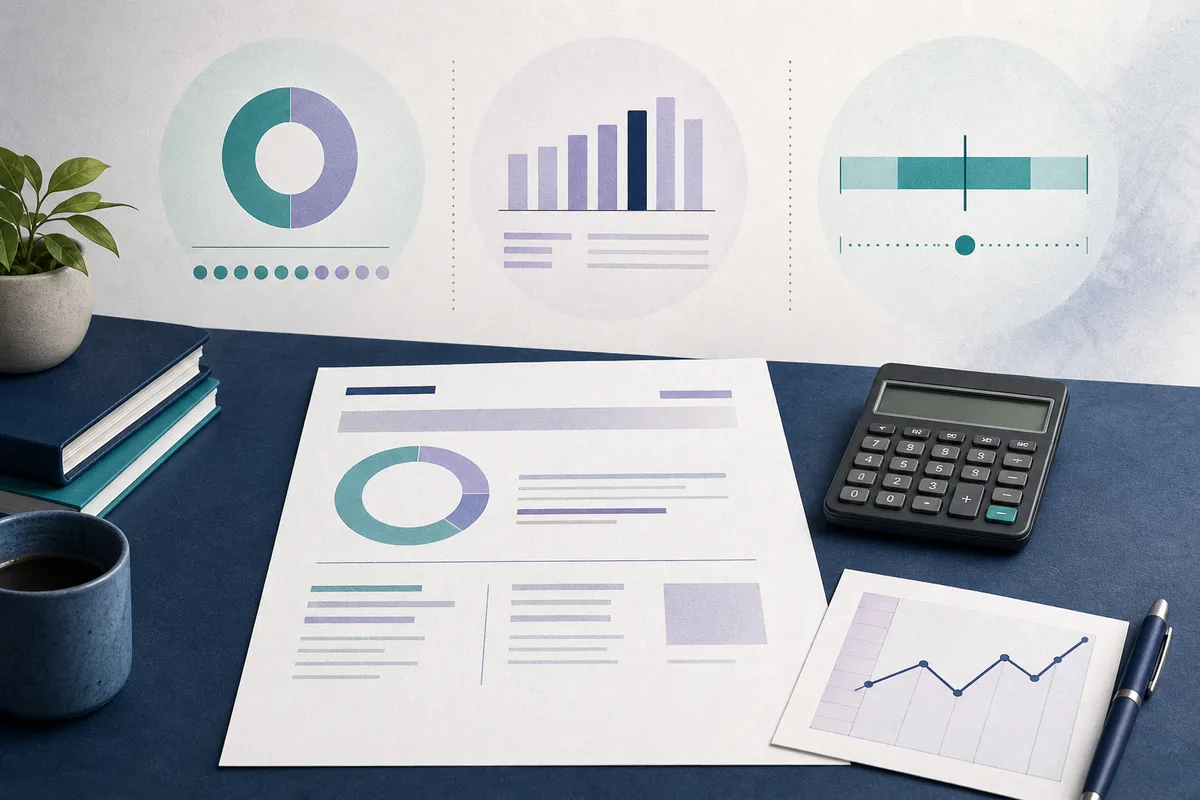 Editorial study desk with an assessment report, calculator, and abstract score charts