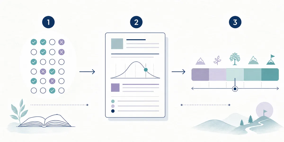 Three-stage editorial diagram showing answers becoming a score report and then a readiness range